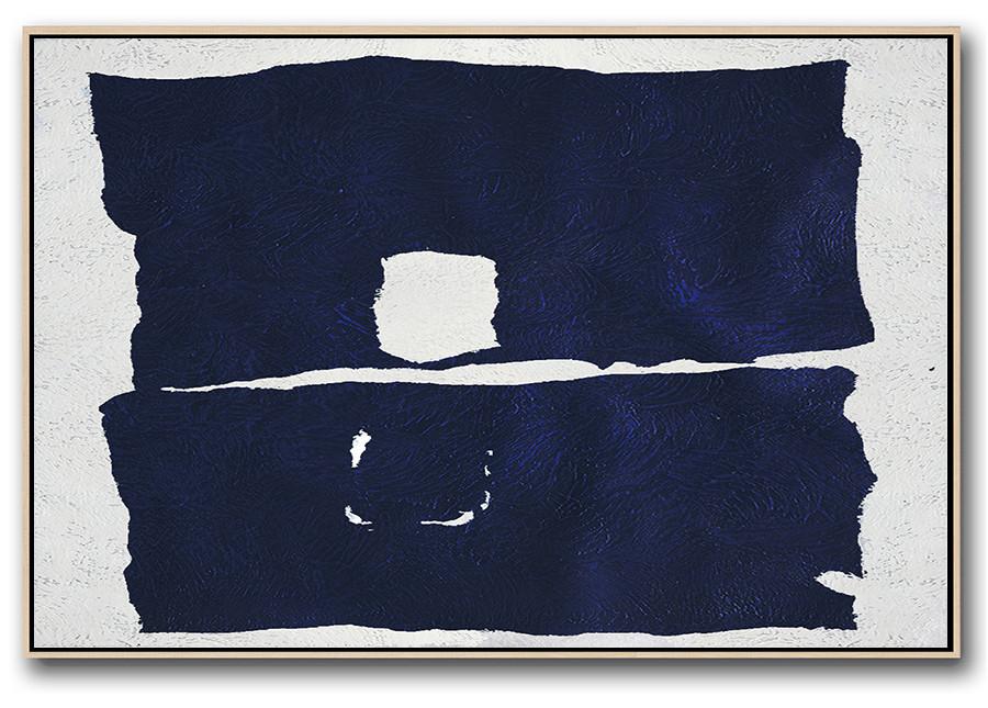 Horizontal Abstract Painting Navy Blue Minimalist Painting On Canvas - Where To Buy Canvas Paintings Large
